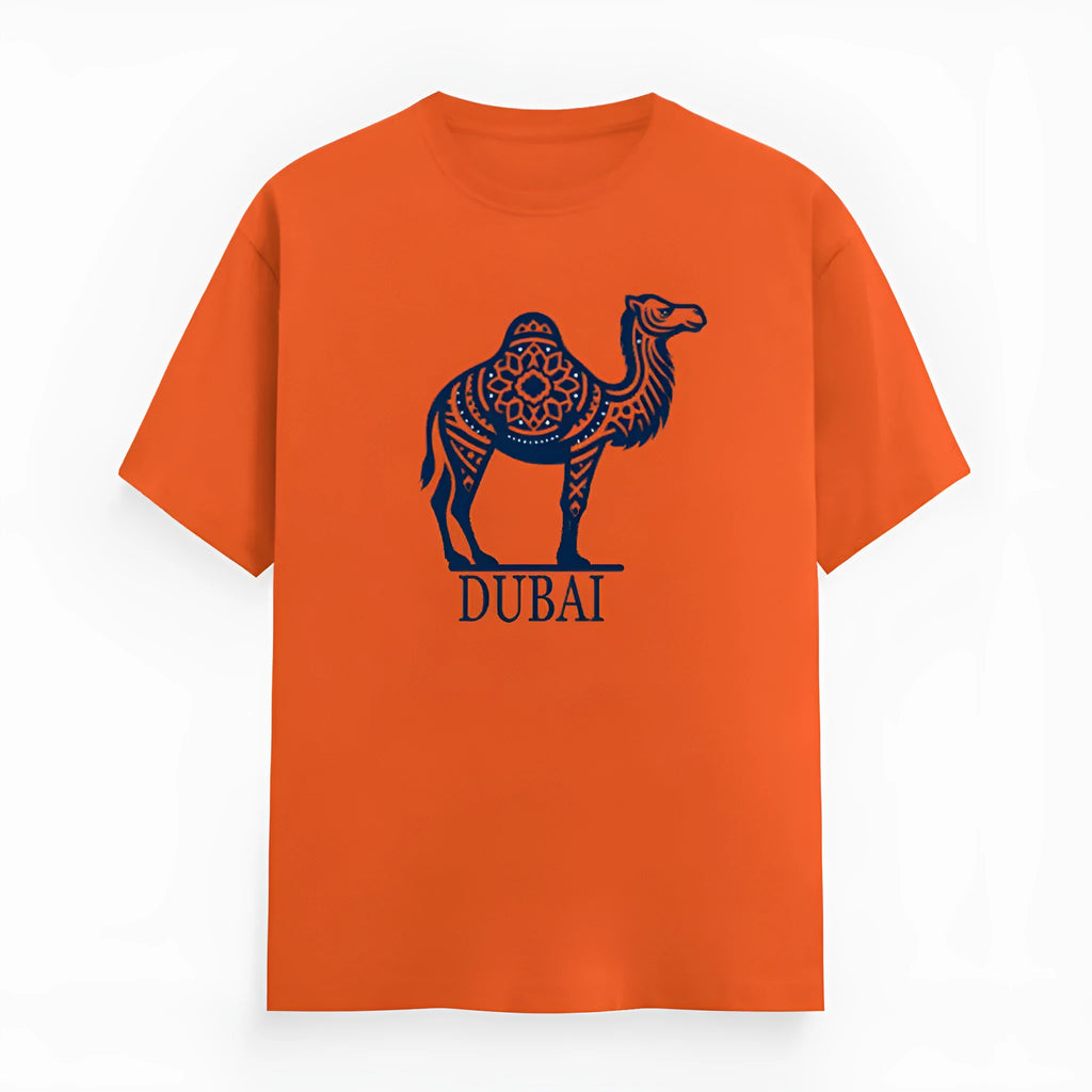 Orange loose fit cotton t-shirt with short sleeves and a round neck for men and women.