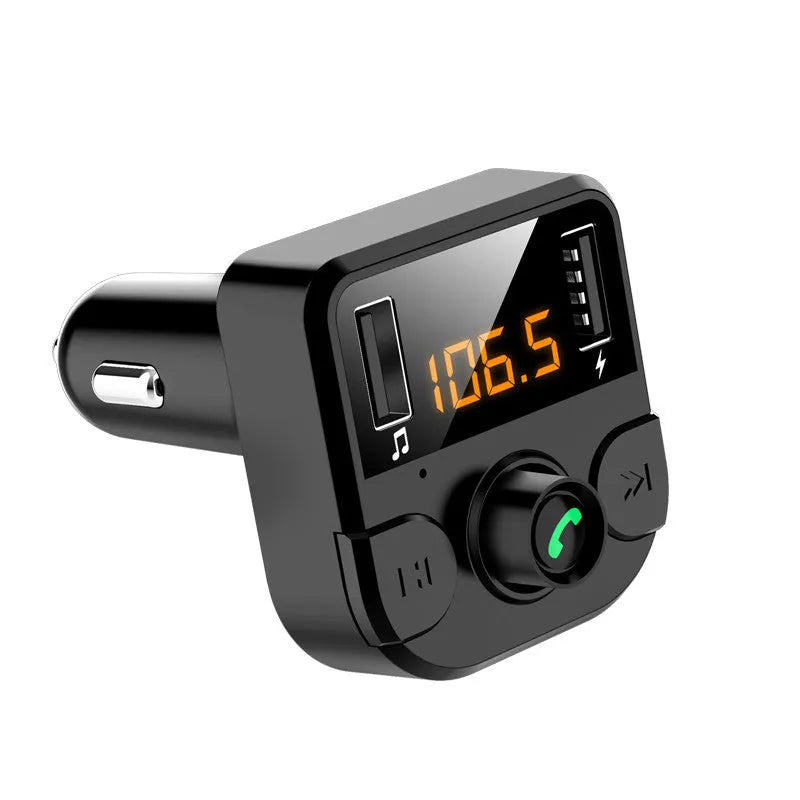 Black BT36B car Bluetooth MP3 player with 1.1-inch screen for cigarette lighter power.