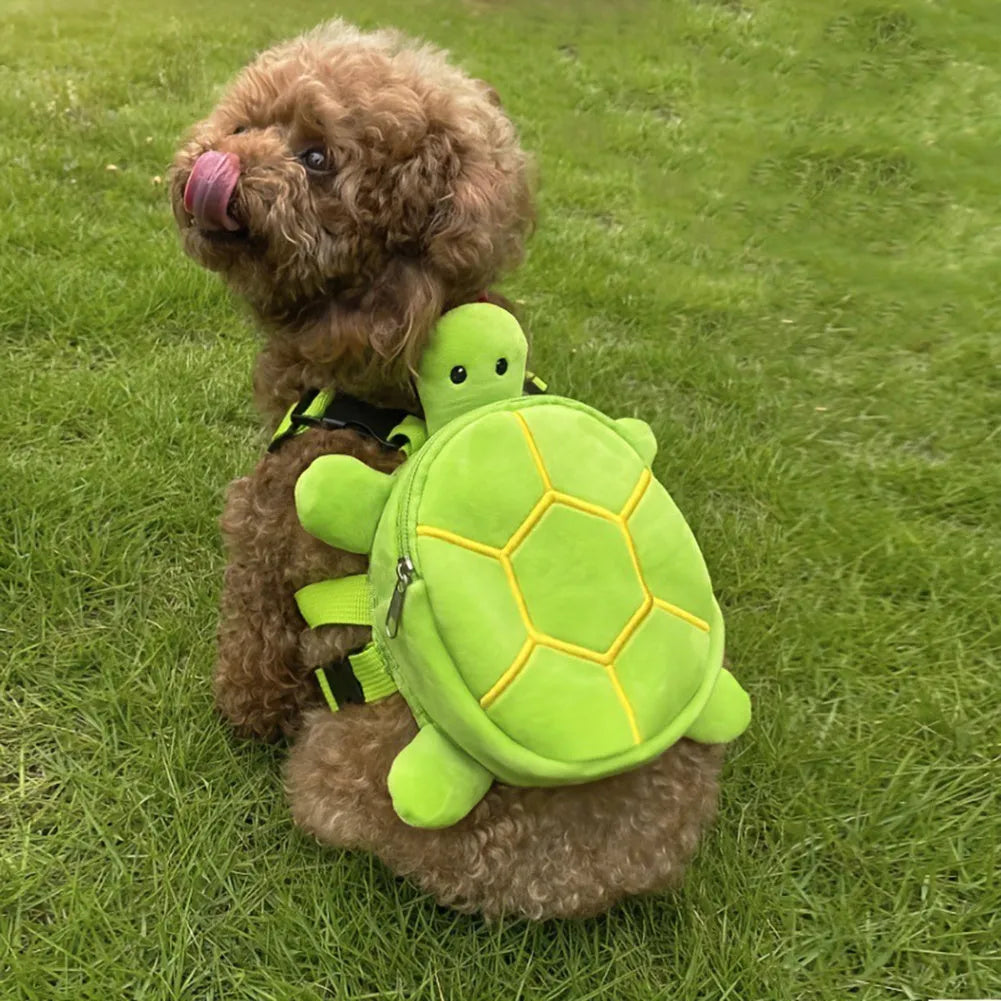 Brown turtle-shaped dog backpack harness with metal zipper functioning as pet carrier and storage