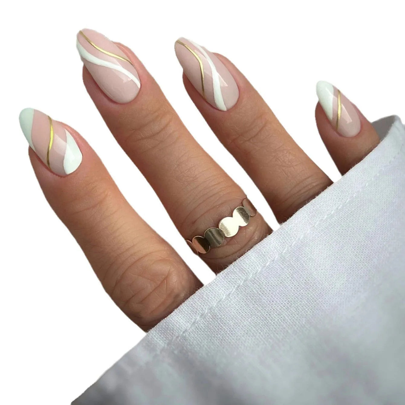 Golden Lines plaid pattern false nail stickers in medium drop shape with adhesive glue
