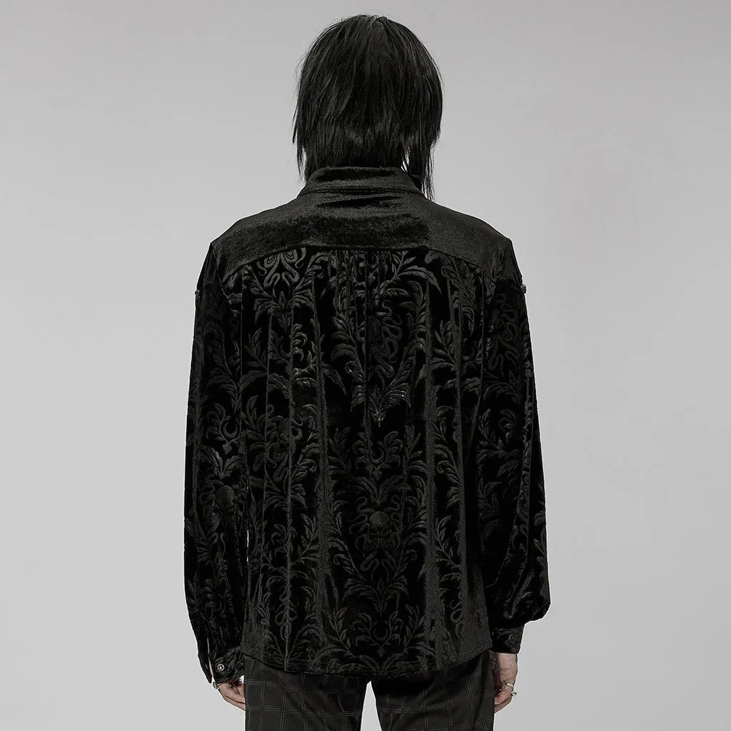 Black men's long sleeve velvet shirt with pointed collar and gothic preppy style detailing.