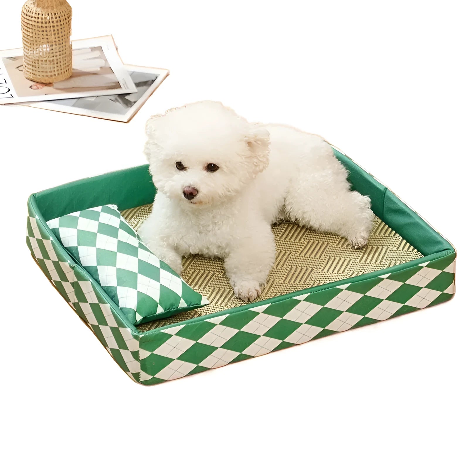 Natural rattan woven cat litter mat with removable bamboo cotton cushion cover in blue.