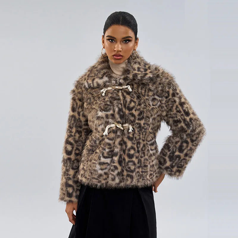 Leopard print women's coat with a buckle lapel detail on the collar