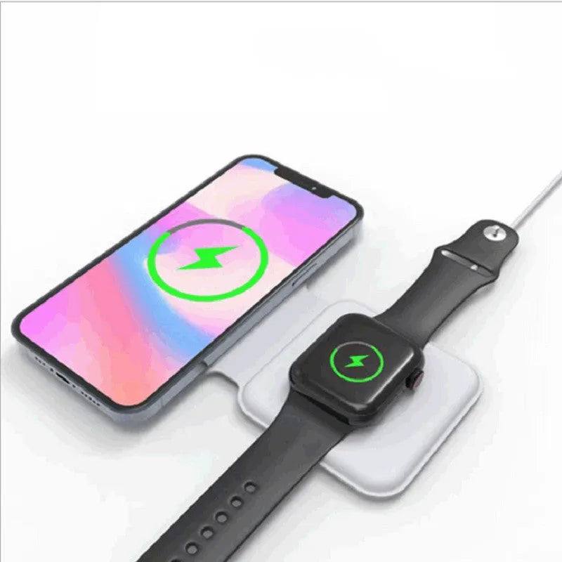 White foldable dual magnetic wireless charging dock showing 180° folding mechanism and Type-C port