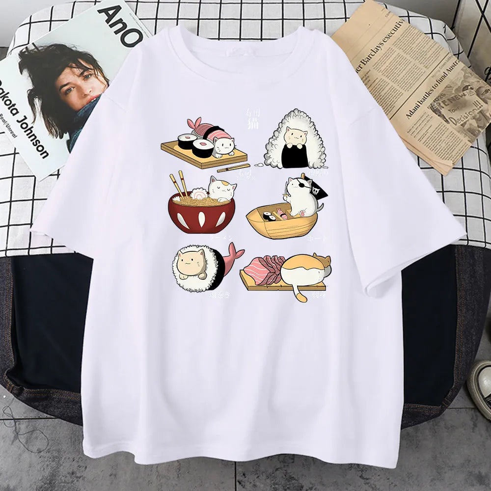 Men's black cotton T-shirt with printed cat sushi cartoon design, short sleeves, loose fit