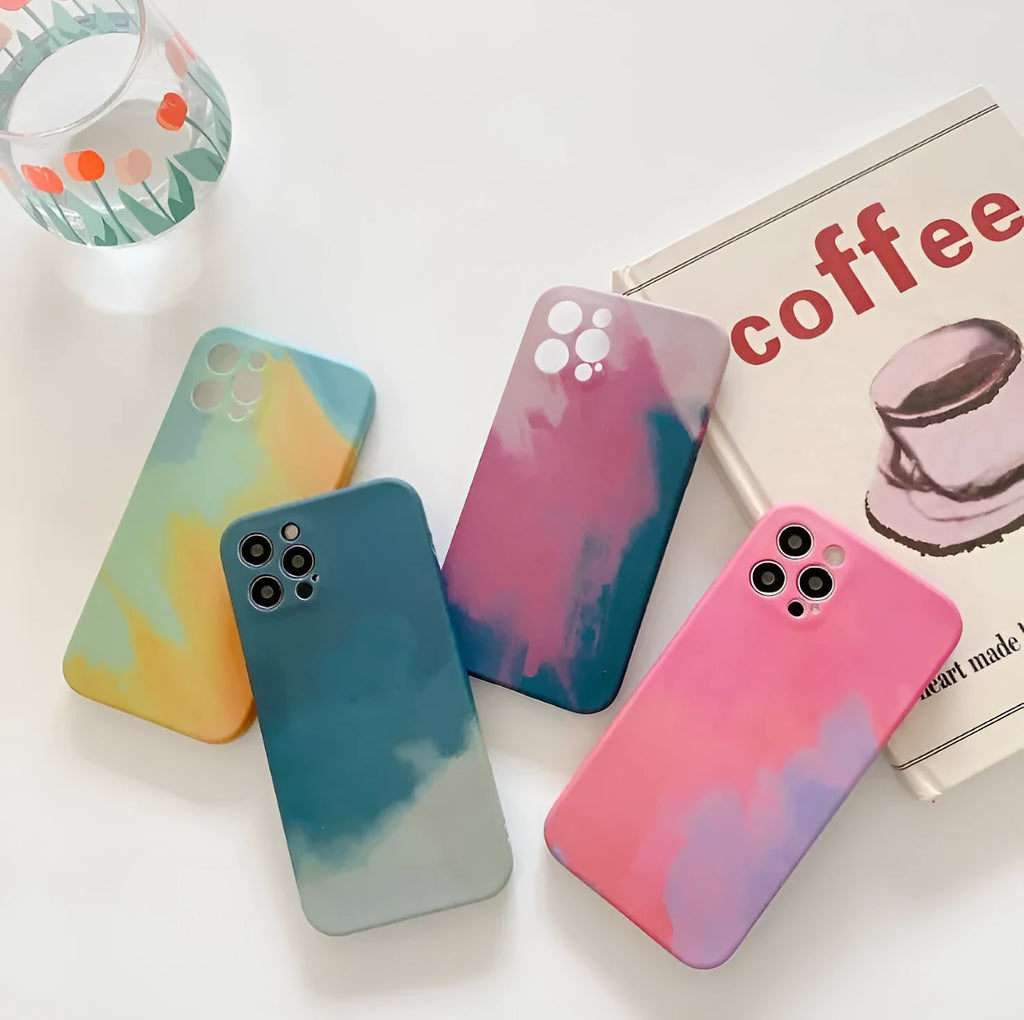 Soft silicone iPhone case with oil painting gradient geometry abstract design in blue, green, pink or purple colour