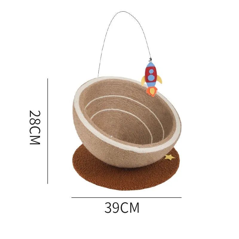 Large integrated cat scratching post and bed unit with sisal rope scratching surfaces and flannel-lined sleeping basin