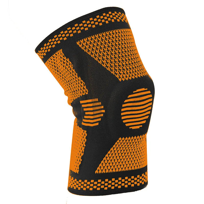 Green silicone spring knee pad shown on a leg, with size options M L XL for leg circumferences 35-55cm.