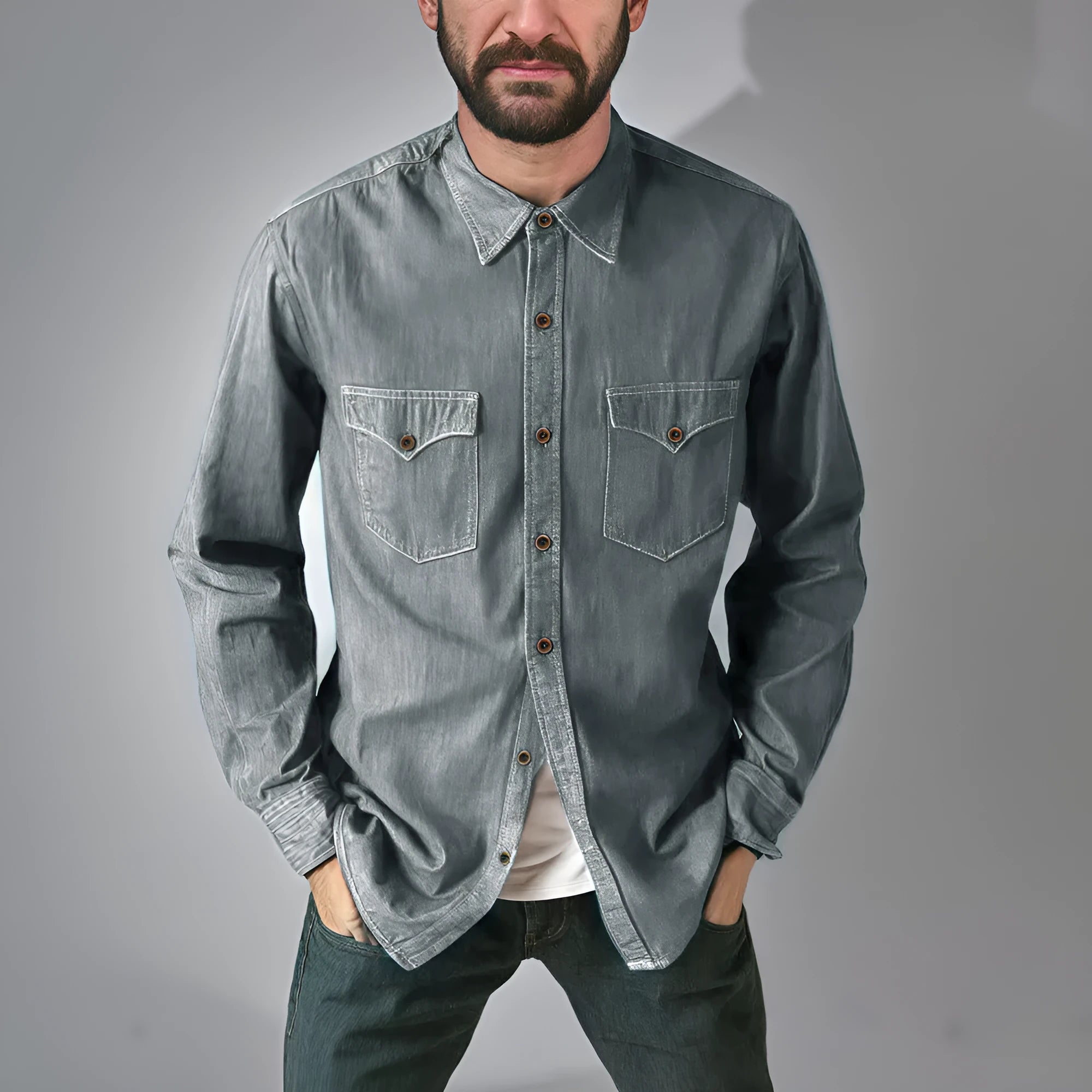 Cotton denim cardigan coat in regular fit on a hanger, shown in khaki colour with button front.
