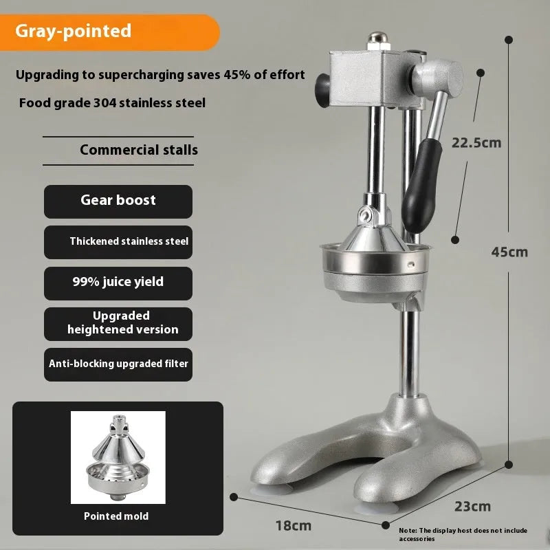 Vertical stainless steel manual juicer with multiple colour and tip options for household citrus juicing
