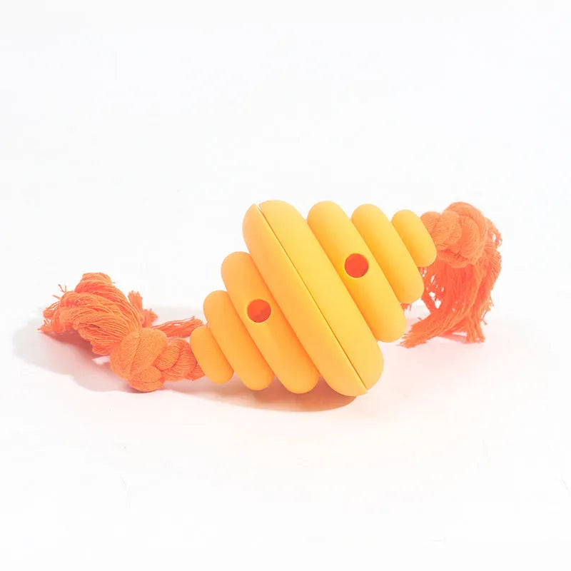 Green dog ball with rope toy showing split design and food dispenser hole