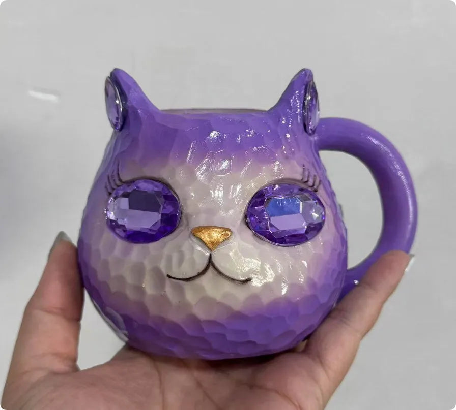 Handcrafted American style resin decorative cat cup ornament in purple, green, blue, or pink colour