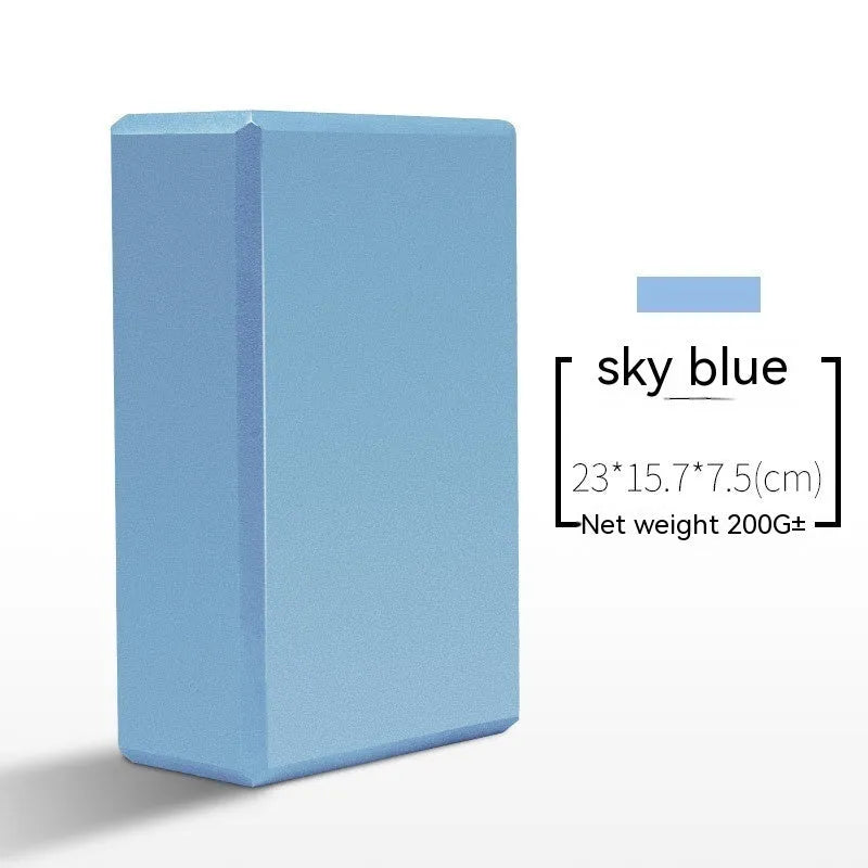 High-density EVA yoga block in pink next to a dark blue block, showing 7.5cm height and printed cartoon design options.
