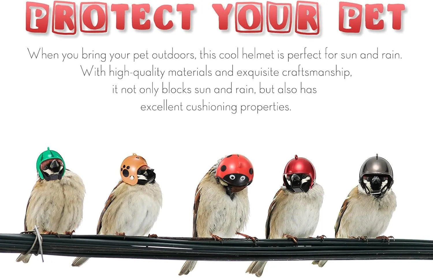 Small hard plastic helmet with elastic straps and sponge lining for a chicken or pet bird.