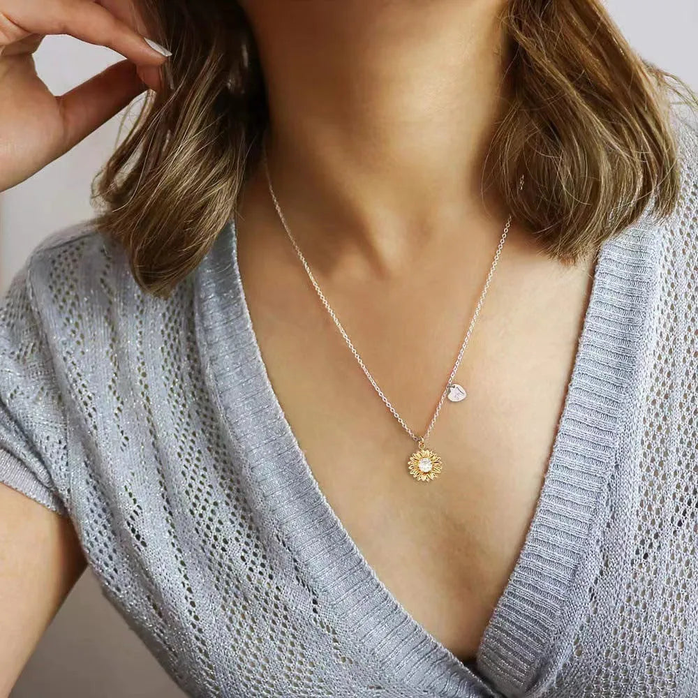 925 silver adjustable sunflower necklace with daisy petal geometry pendant for women.