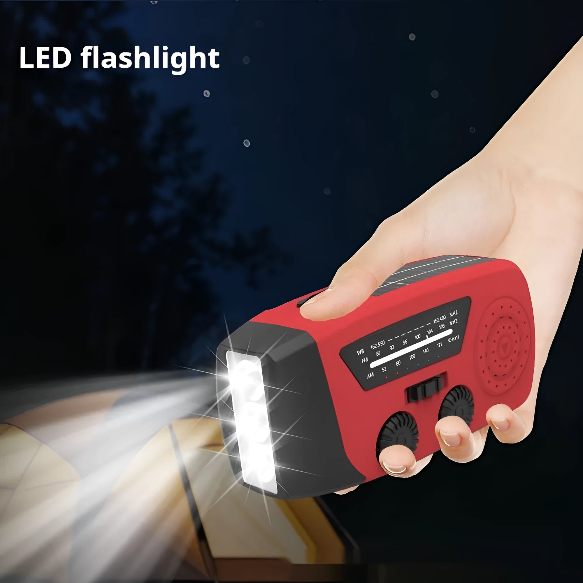 Red rechargeable hand radio torch with wrist strap and USB charging interface