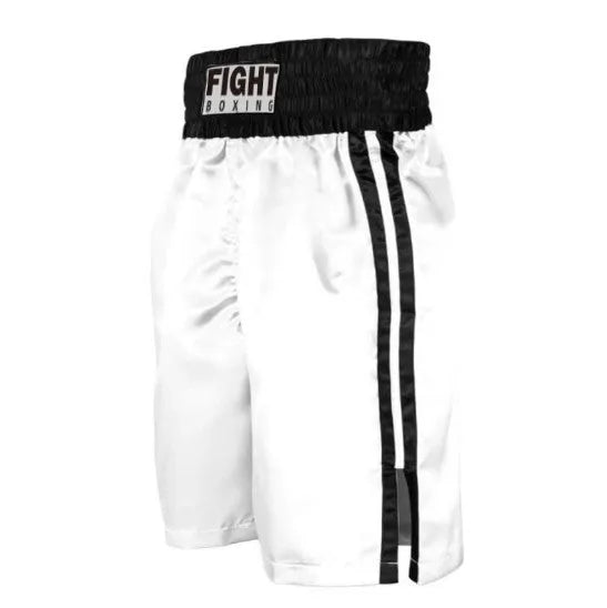 Two-tone boxing shorts for kickboxing in a black and white colour combination with a wide waistband.