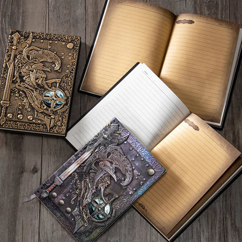 A5 leather notebook with 3D embossed warriors relief design in bronze, red bronze, silver, and multicolor colours.