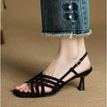 Light brown retro women's sandals with thin cross straps, ankle buckle, square toe, and a mid heel.