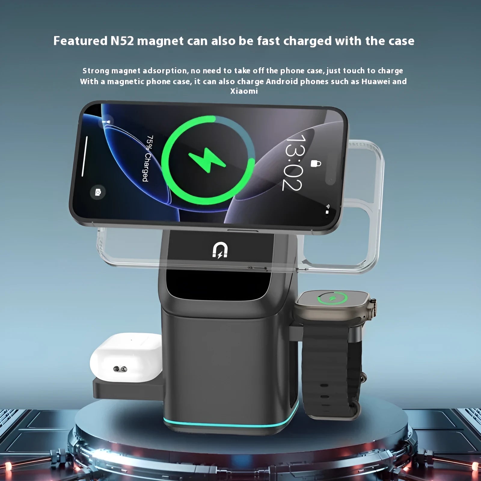 Black and silver mobile phone magnetic wireless charging stand with adjustable 180-degree rotation