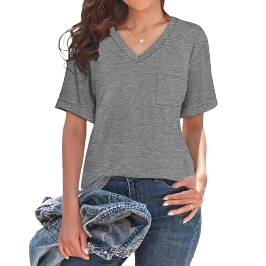 Grey loose V-neck T-shirt with chest pocket in Japanese casual style