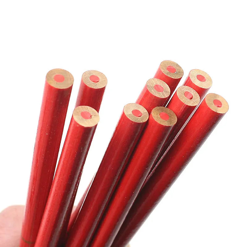 Ten red and blue two-colour round wooden carpenter's pencils for building site marking