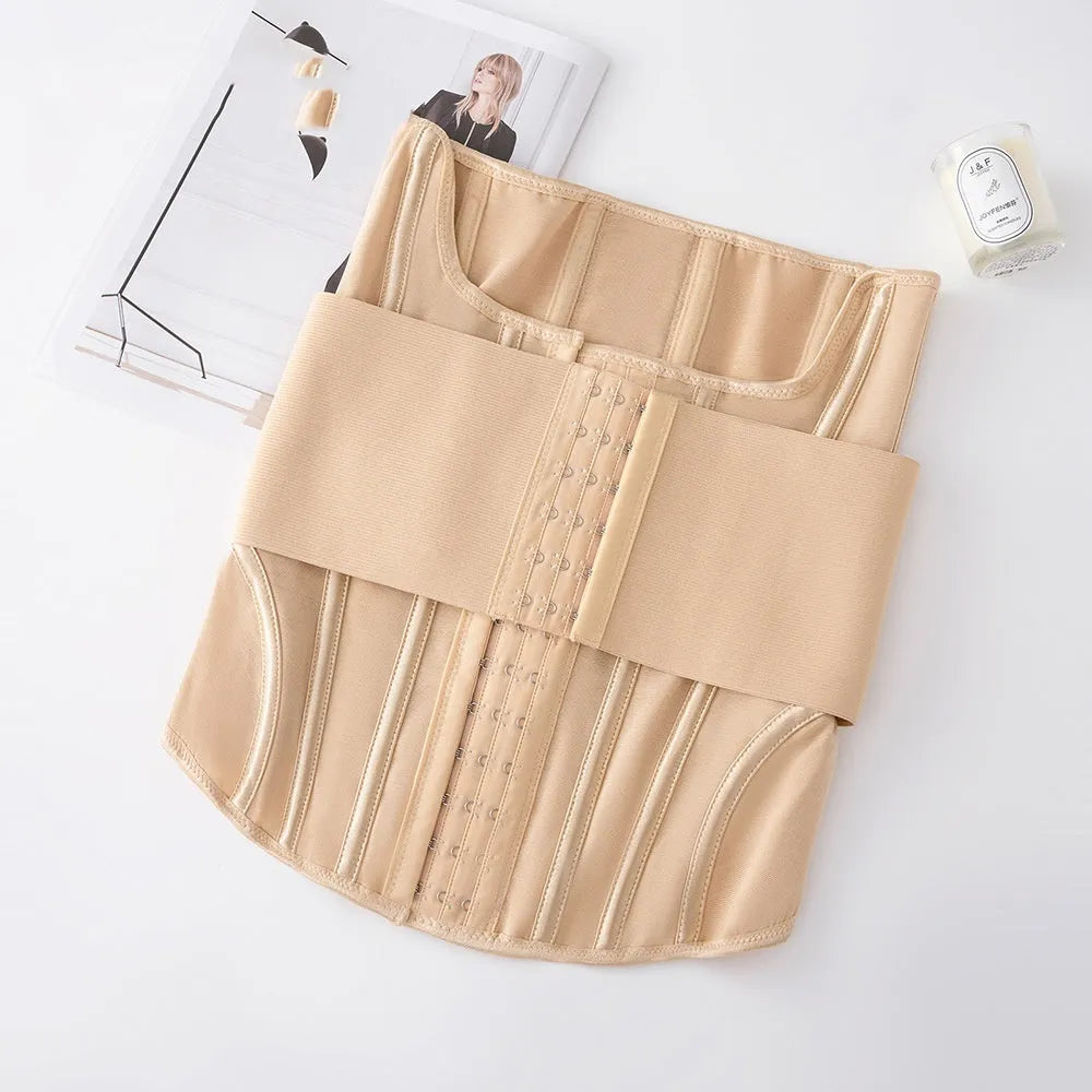 Nylon belly band for waist training in black or apricot colour with belt tie.