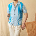 Cotton striped short-sleeved cardigan polo shirt with lapel collar in royal blue