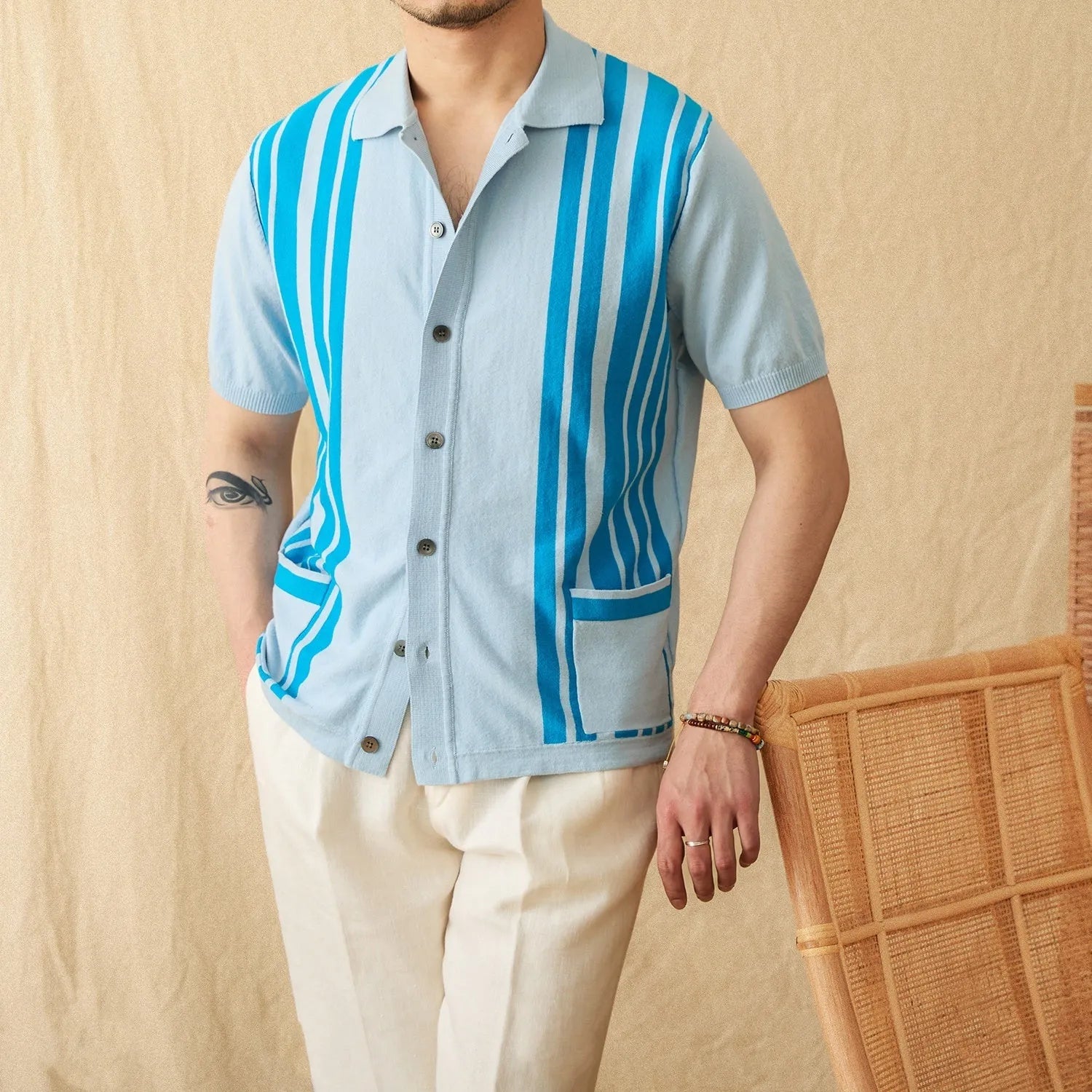Cotton striped short-sleeved cardigan polo shirt with lapel collar in royal blue