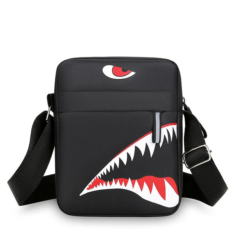 Men's small black Oxford cloth crossbody bag with animal print and shoulder strap