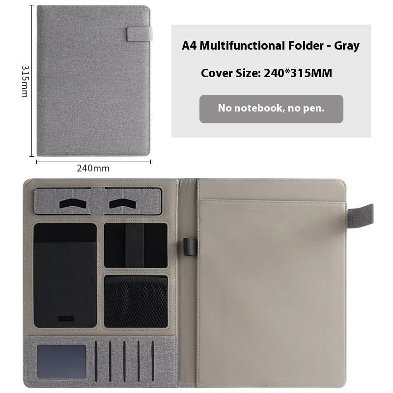 Leather A4 business multifunction folder with notepad and pen holder in black colour