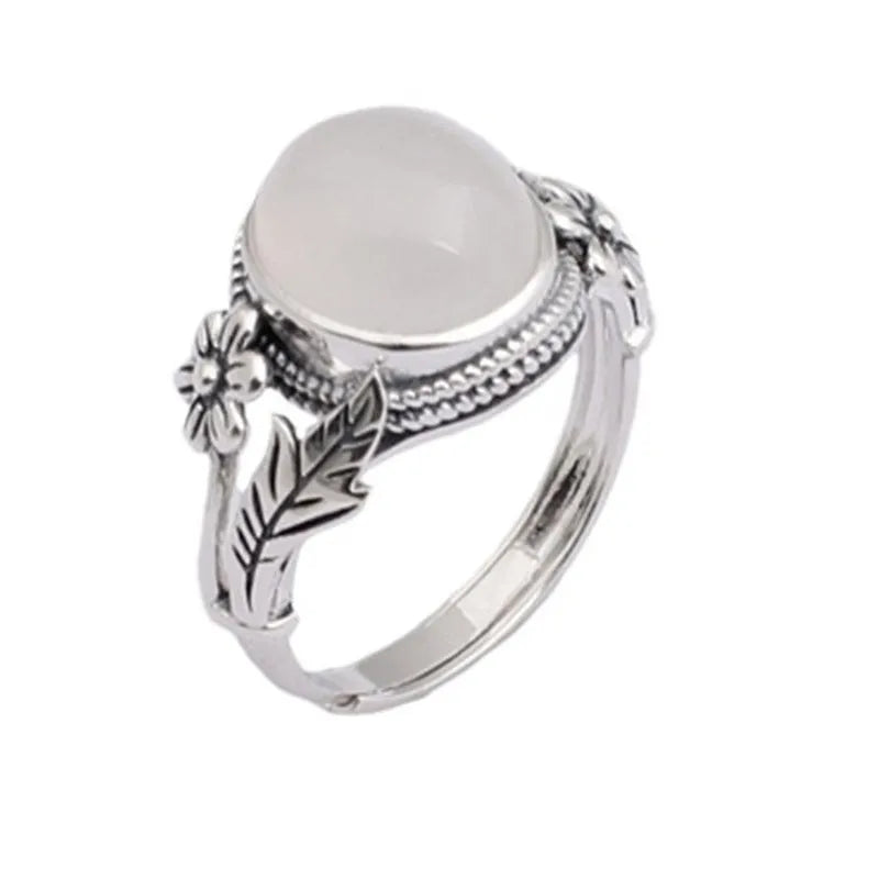 Adjustable copper vintage ring with white chalcedony stone and U-shaped band