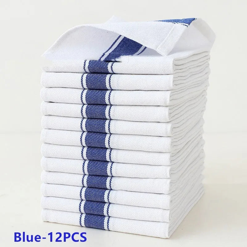 A stack of striped polyester-cotton dish towels in various colours, showing their 48x70cm size.