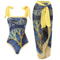 Women's retro floral one-piece swimsuit with chiffon skirt in yellow and black feather patterns
