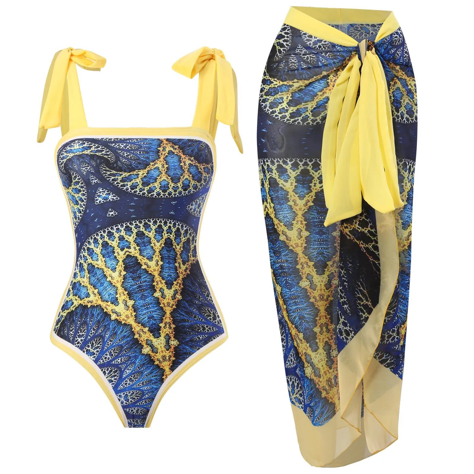 Women's retro floral one-piece swimsuit with chiffon skirt in yellow and black feather patterns