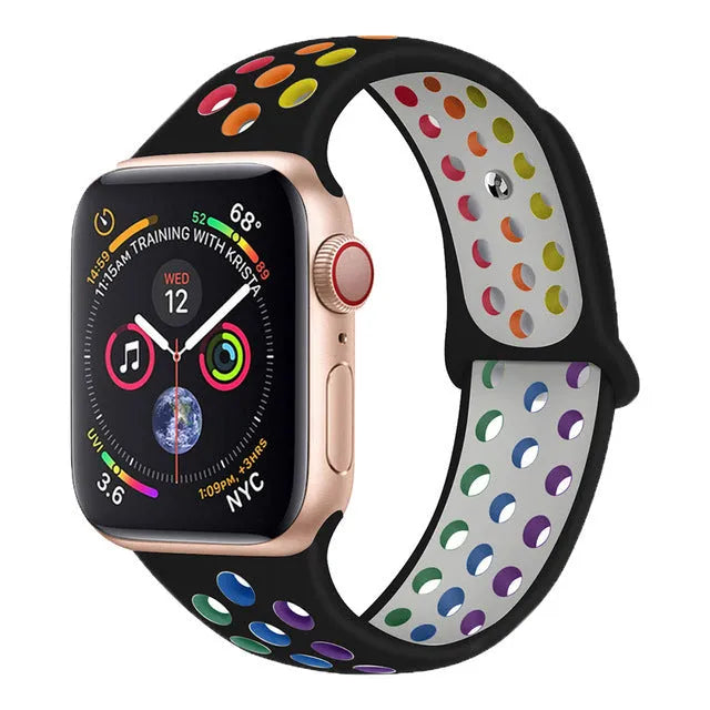 Silicone sports wristband in black, rainbow or white with single buckle closure