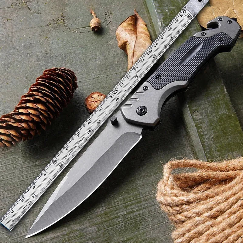 Alloy folding knife with extended blade showing 60-degree tip angle and handle options