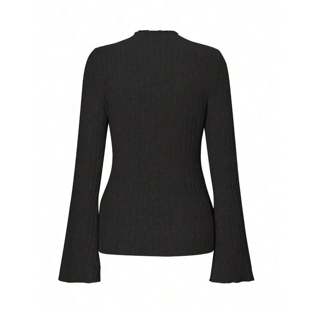 Black long sleeve round neck top with lantern sleeves and slim fit silhouette