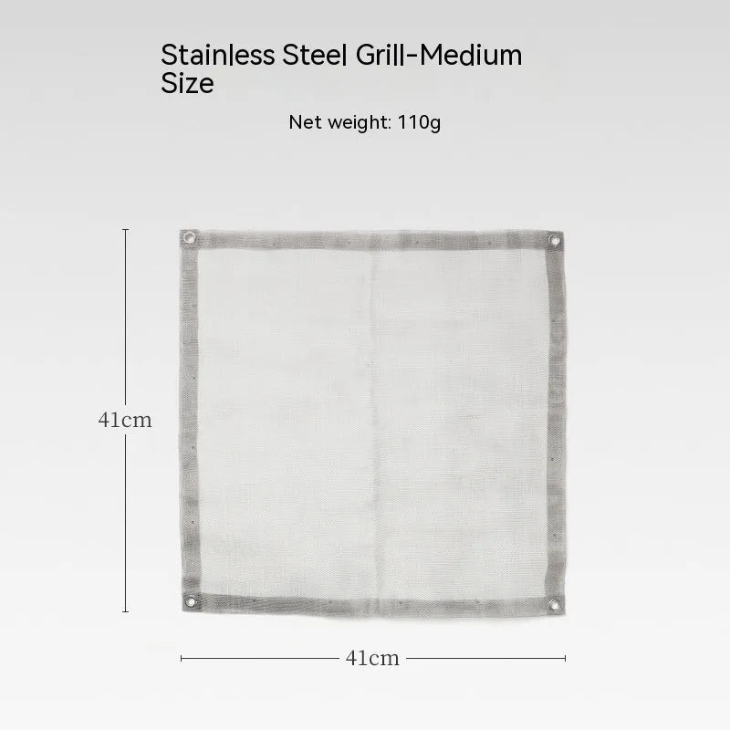 Silver stainless steel barbecue grill set with integrated cooking net, shown in medium and large sizes.