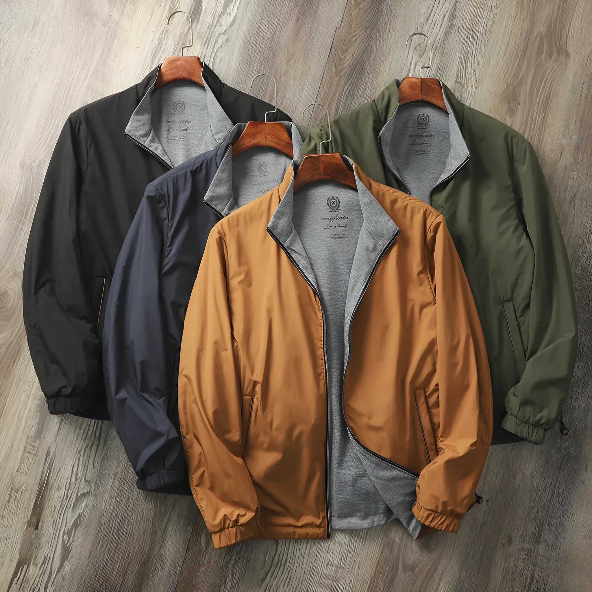 Men's simple stand collar casual jacket in polyester blend fabric, shown on a hanger.