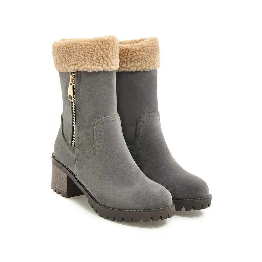 Waterproof snow boots with rubber soles and plush lining in black, grey, green, and orange colours