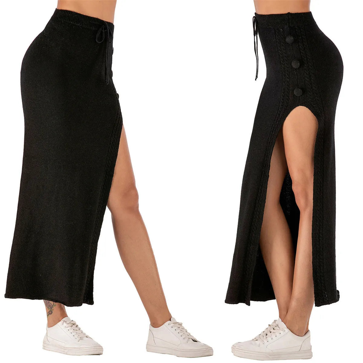 Women's slim-fit acrylic midi skirt in black with a split hem and strap details.