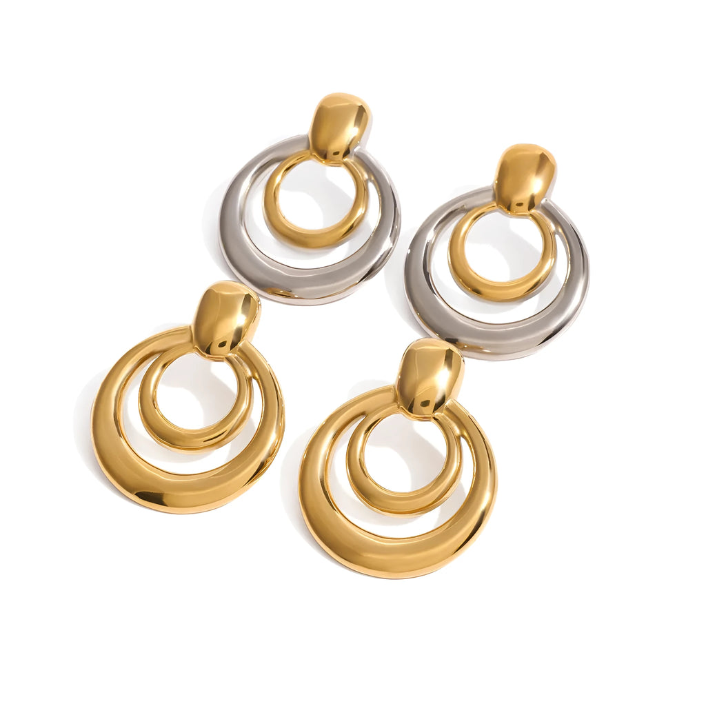 Gold geometric hollow stud earrings showing double layer round design with butterfly clutch backs