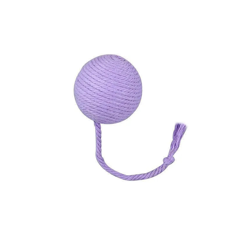 Colourful cat toy ball with rope handle and built-in bell for interactive play