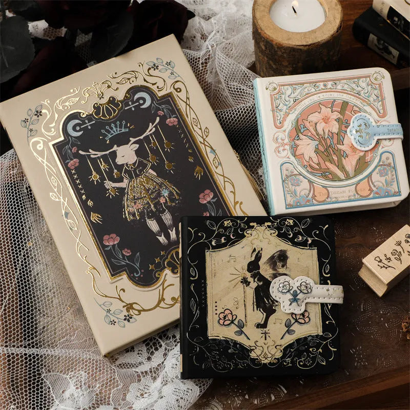 Retro Art THALO A5 notebook with 40g wood pulp paper, shown in A-Little Rabbit, Forest, and Red Fruit Temptation cover designs.