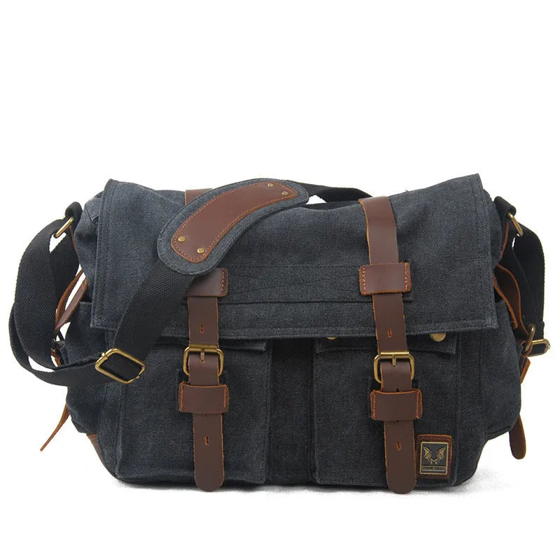 Men's brown retro canvas crossbody bag with a flap closure and a single shoulder strap.