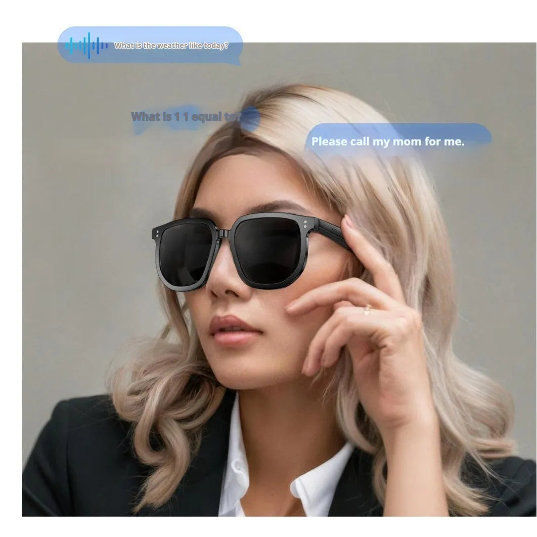 Black AI smart glasses with Bluetooth audio and UV protection lenses.
