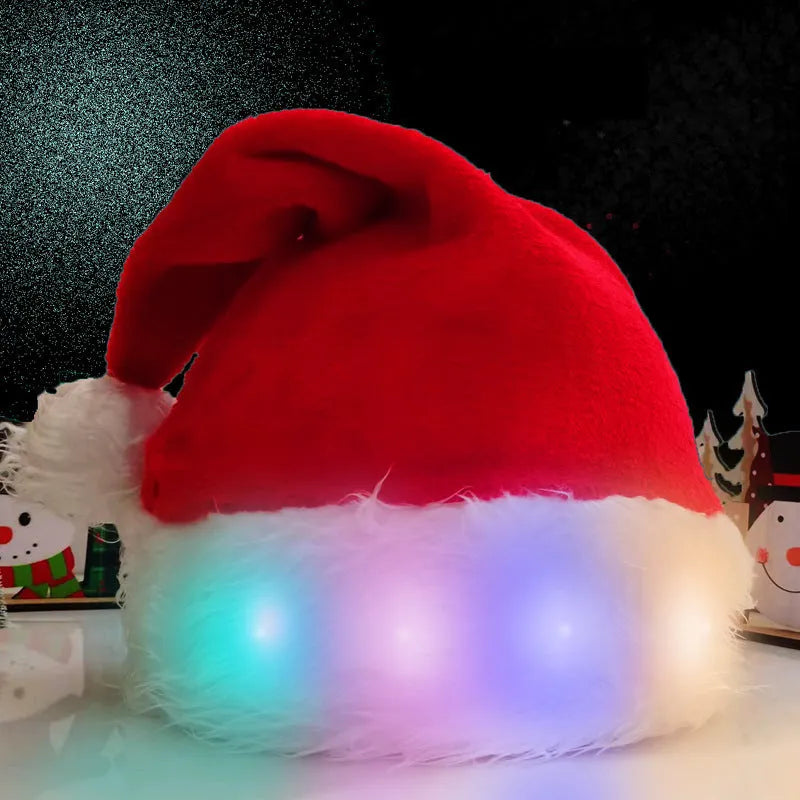 Red and white plush Santa hat with illuminated multi-colour LED lights around the base and a white pom-pom on top.