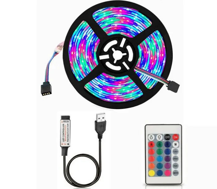 A one-metre long flexible USB LED light strip with SMD5050 LEDs, shown with its 50cm integrated cable, available in six colours.