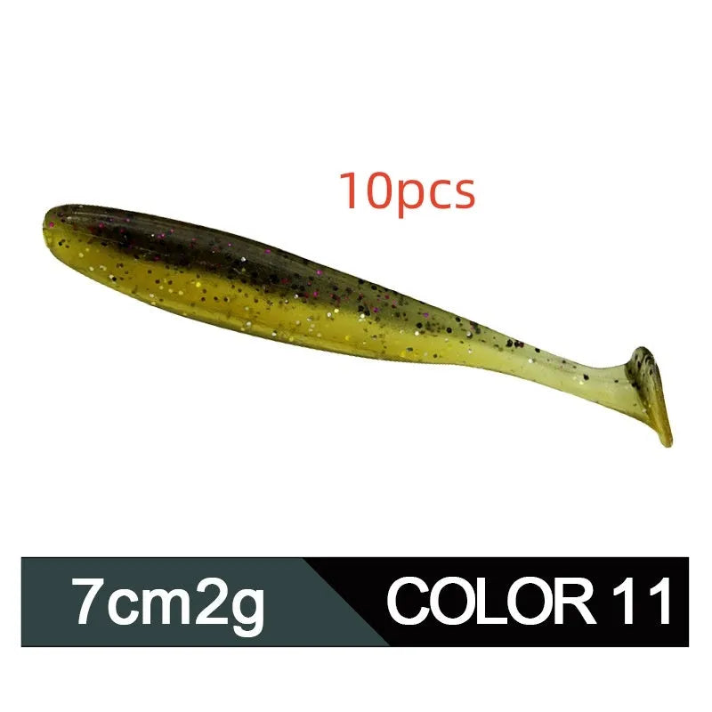 A 7cm long, two-tone T-tail soft worm fishing lure for mandarin fish and topmouth culter.